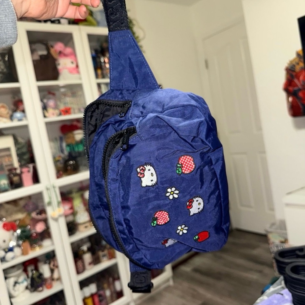BAGGU Blue Crossbody Bag with Strawberry and Chicken Design